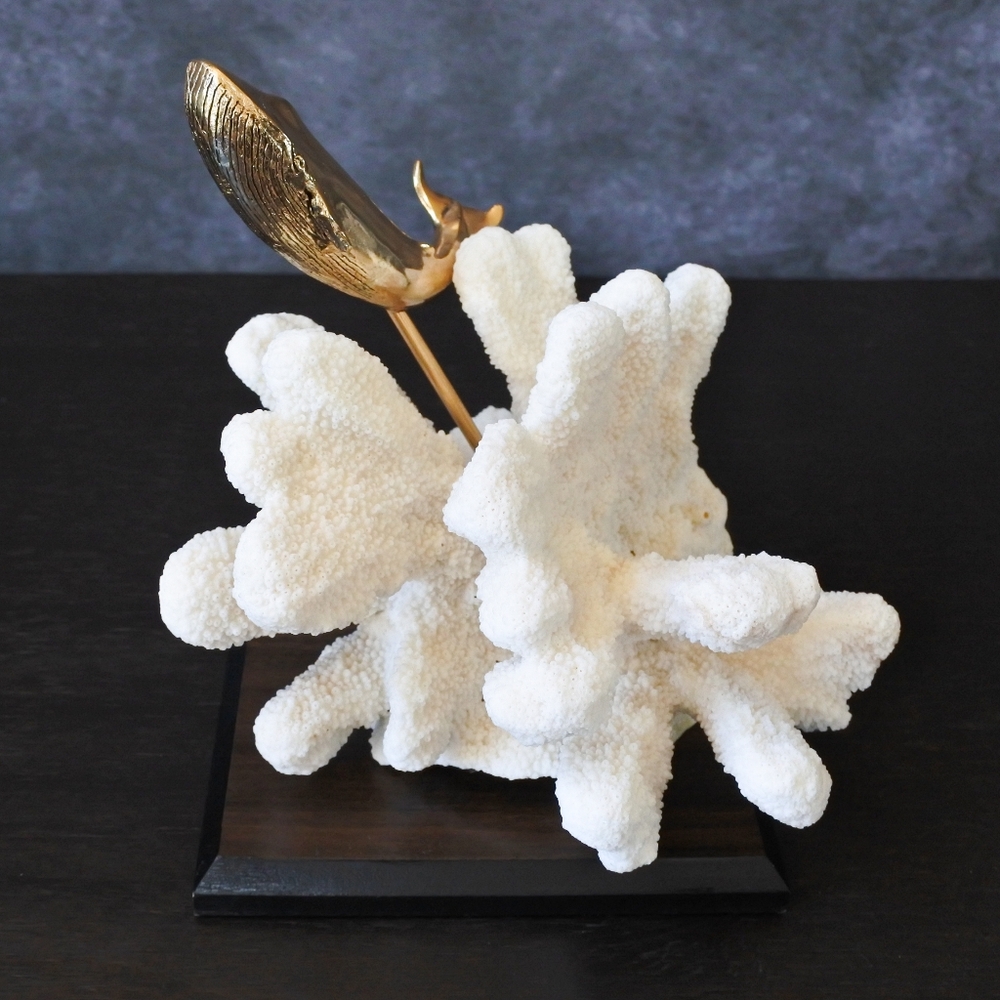 Natural Coral Tree Brass Whale Wooden Ocean Nautical Style Decor Sculpture